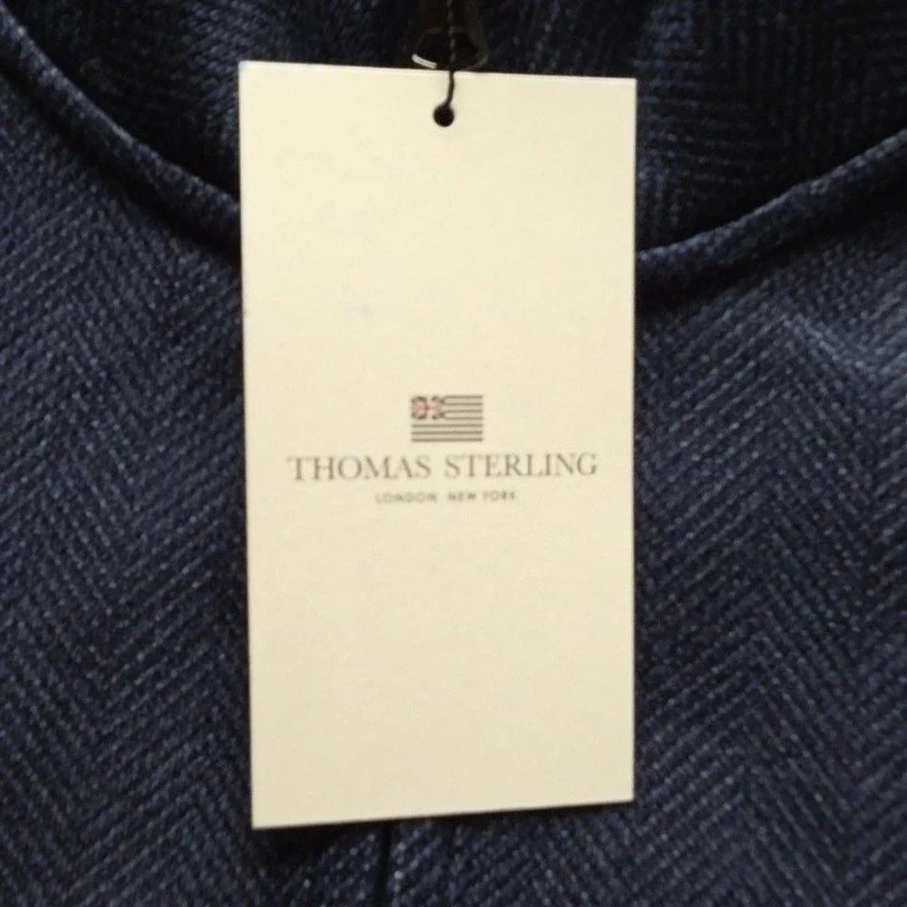 Thomas Sterling Sweater Mens Medium Blue Herringbone Fleece Mock Neck Pullover